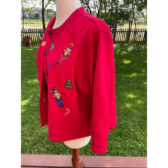 Karen Scott II Red Christmas Cardigan Sweater W/ Nutcracker & Tree Embroidery 3/ - Picture 3 of 8